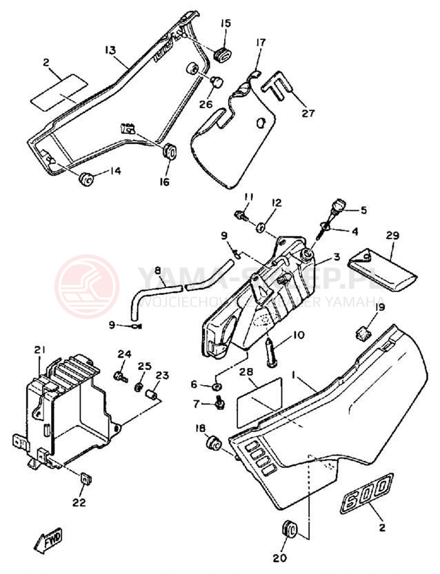 Schemat "Owiewki, pola numer., zb. oleju" do Yamaha XT600L/XT600LC