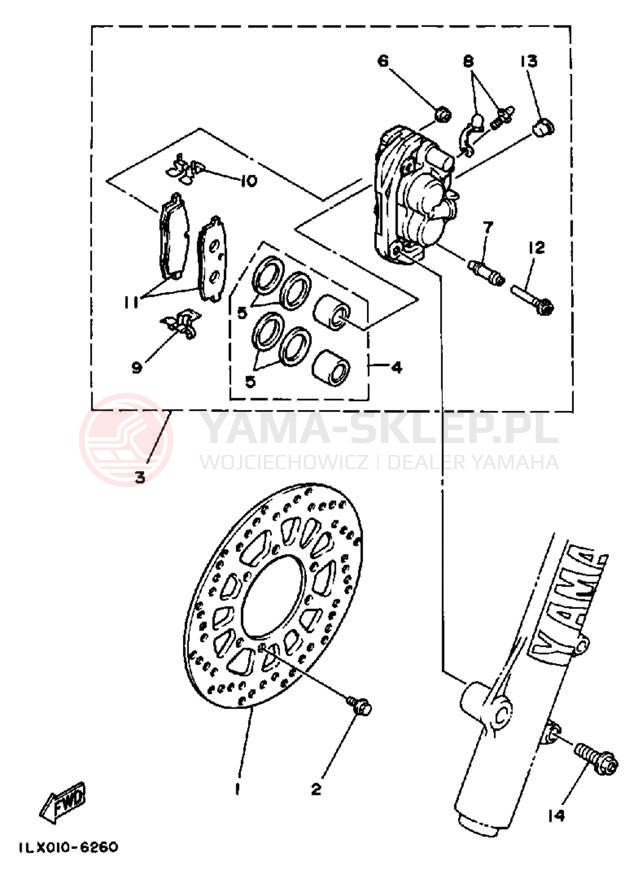 Schemat "Zacisk hamulcowy + tarcza przód" do Yamaha YZ125S