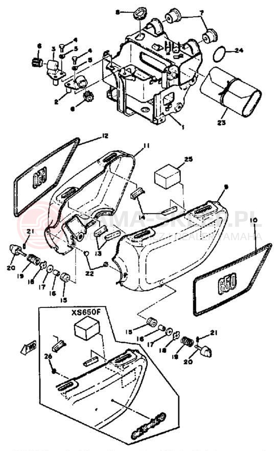 Schemat "pokrywa boczna - skrzynka akumulatora" do Yamaha XS650D