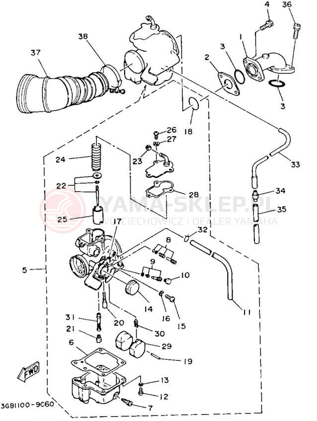 Schemat "Filtr powietrza, gaźnik" do Yamaha CHAMP YFM100B