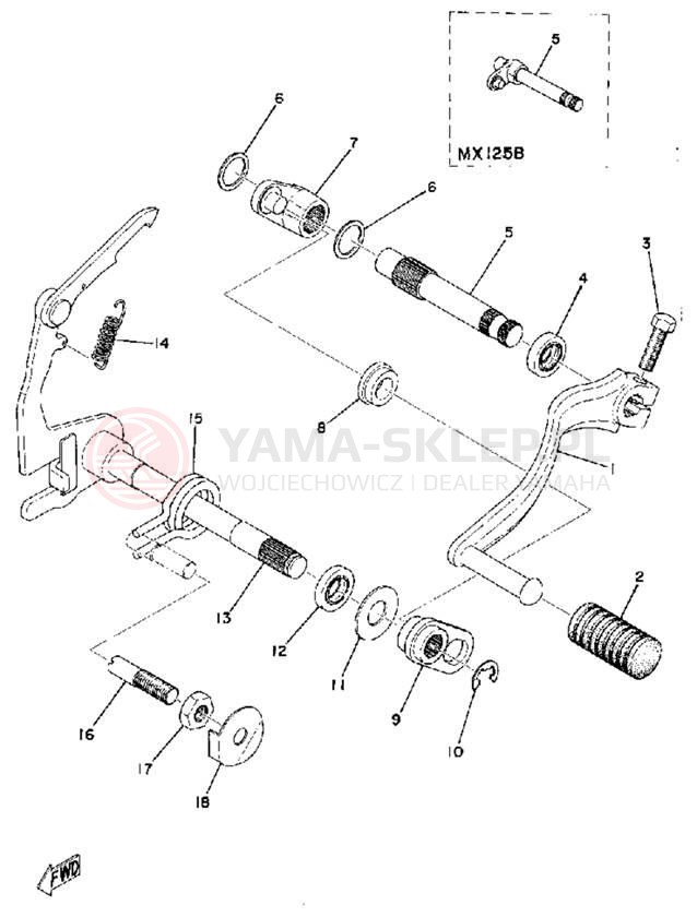 Schemat "Dźwignia zmiany biegów, wałek" do Yamaha MX125A
