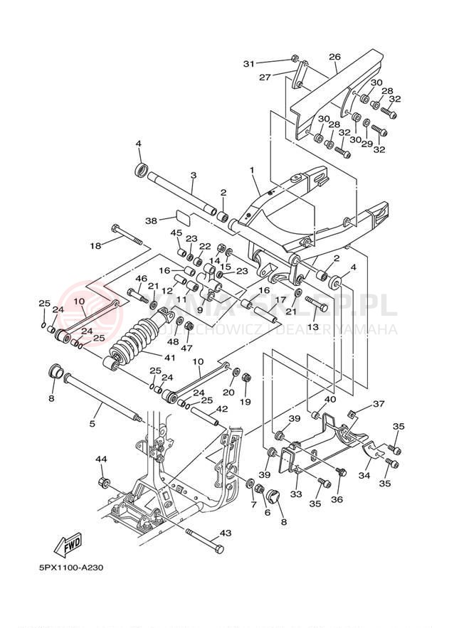 Schemat "wahacz, zawieszenie tył" do Yamaha XV17PCP/XV17PCPC