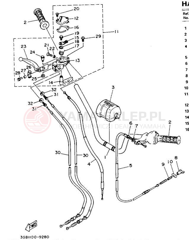 Schemat "Kierownica i osprzęt" do Yamaha YFM100W