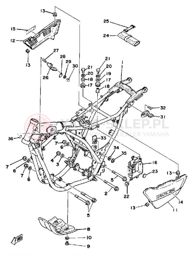 Schemat "pokrywa boczna ramy" do Yamaha DT250F