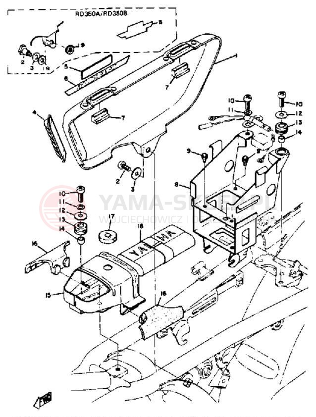 Schemat "pokrywa boczna - skrzynka akumulatora" do Yamaha RD350A