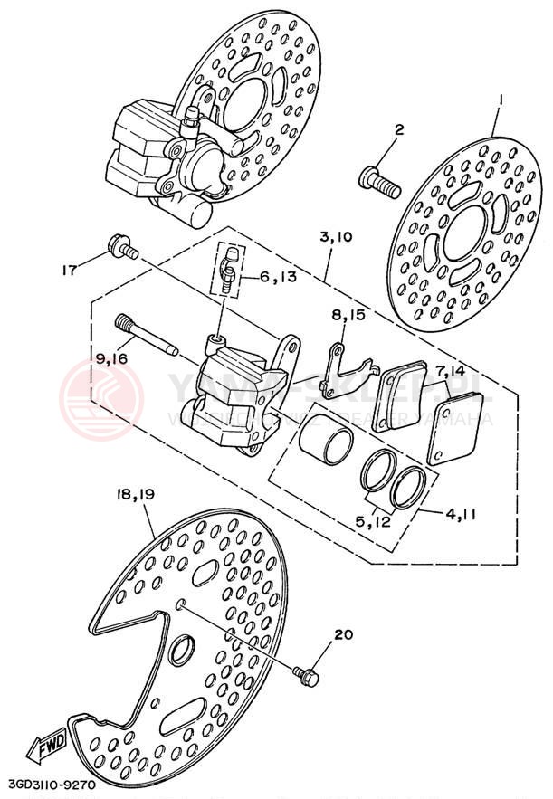 Schemat "Zacisk hamulcowy + tarcza przód" do Yamaha BANSHEE YFZ350L