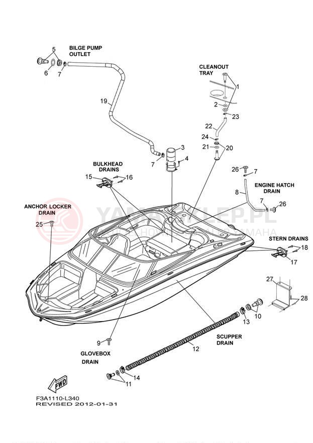 Schemat "DECK DRAIN FITTINGS" do Yamaha AR190 RX1800BL/RX1800AL