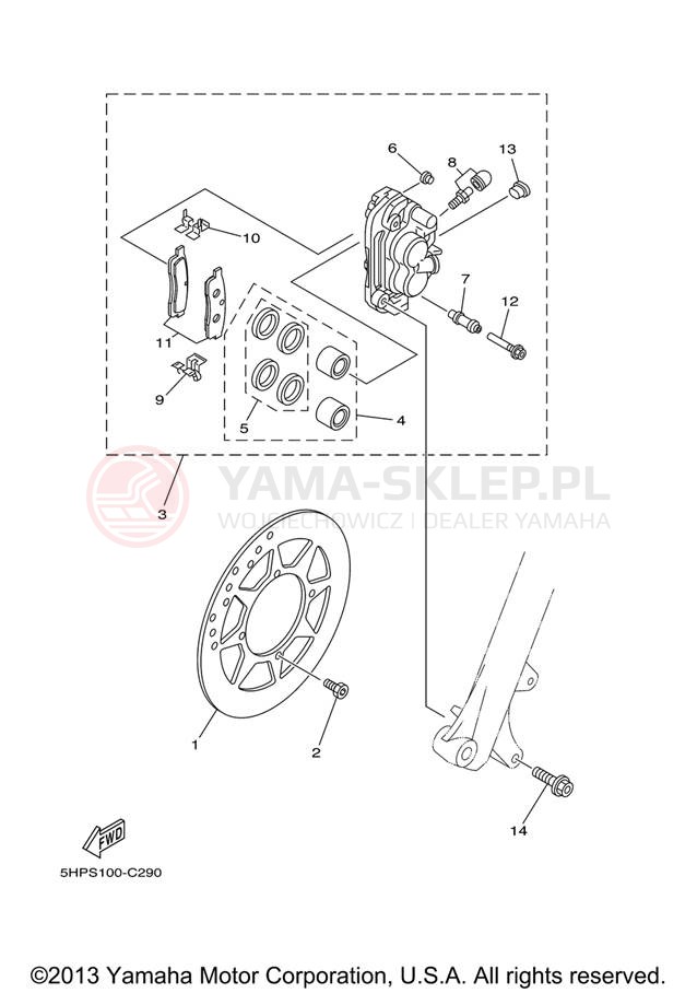 Schemat "Zacisk hamulcowy + tarcza przód" do Yamaha TT-R125L TTR125LV