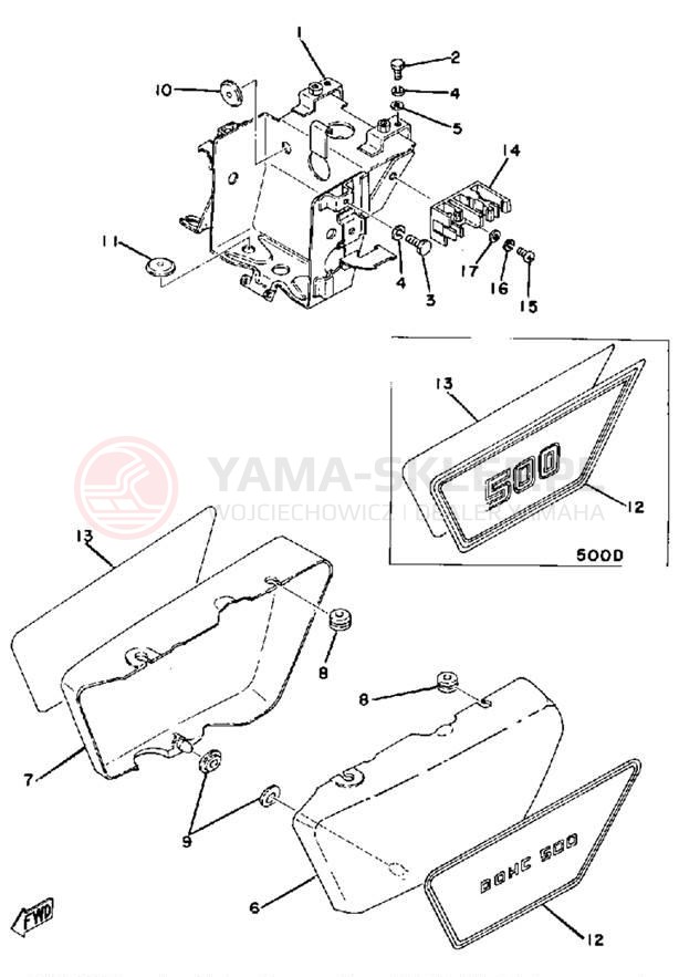 Schemat "Obudowa akumulatora - owiewka boczna" do Yamaha XS500C