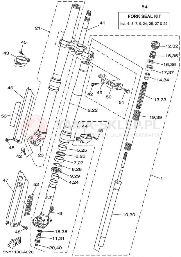 Schemat "Amortyzatory przód" do Yamaha YZ250 YZ250P