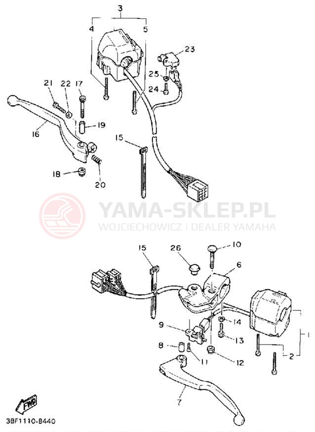 Schemat "Kierownica i osprzęt" do Yamaha FZR400A