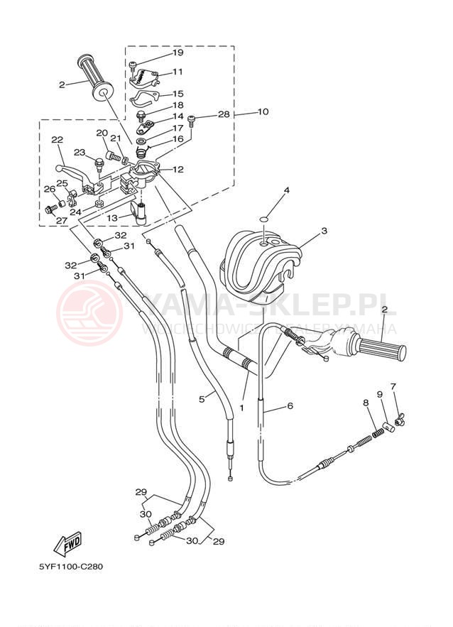Schemat "Kierownica i osprzęt" do Yamaha RAPTOR 50 YFM50S