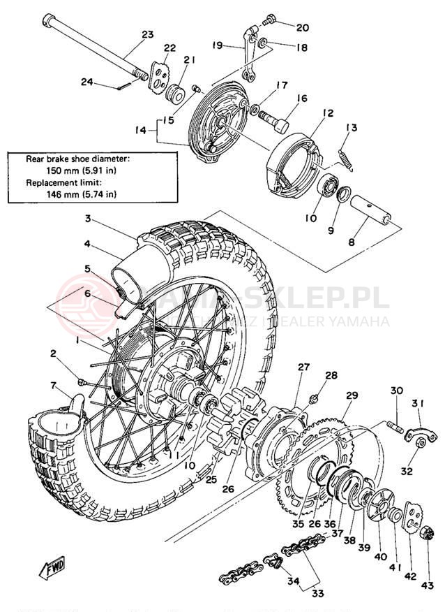 Schemat "Koło tył" do Yamaha DT400D/DT250D