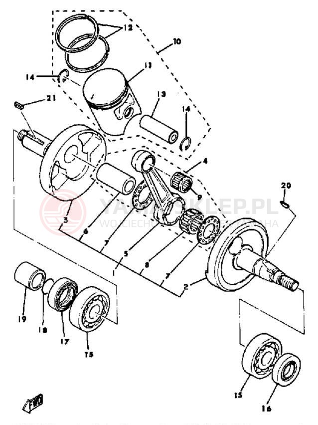 Schemat "Wał korbowy, tłok" do Yamaha DT100K