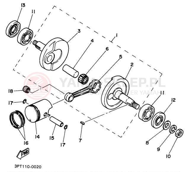 Schemat "Wał korbowy, tłok" do Yamaha PW50J1