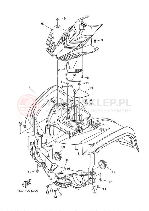 Schemat "Przedni błotnik" do Yamaha GRIZZLY 300 YFM30GBL/YFM30GBGR