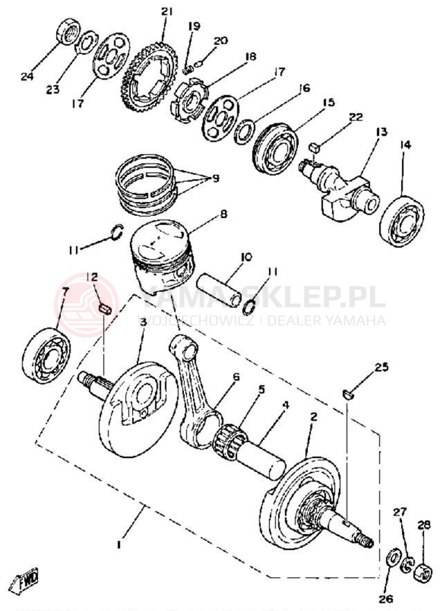 Schemat "Wał korbowy, tłok" do Yamaha SR250H