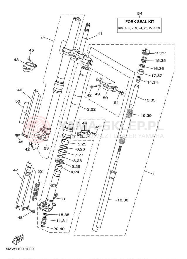 Schemat "Amortyzatory przód" do Yamaha YZ250 YZ250N1