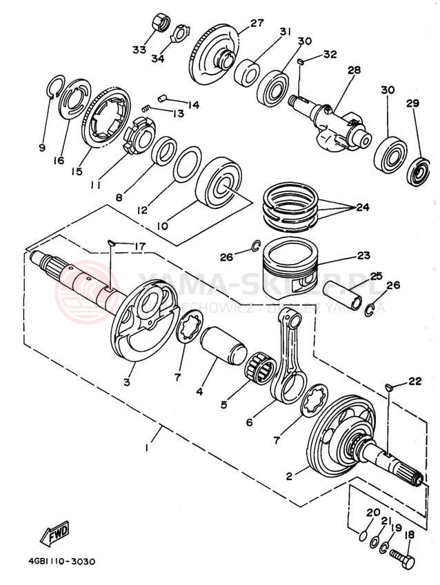 Schemat "Wał korbowy, tłok" do Yamaha KODIAK 4WD YFM400FWK