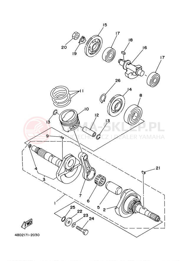 Schemat "Wał korbowy, tłok" do Yamaha TIMBERWOLF 4WD YFB250FWM