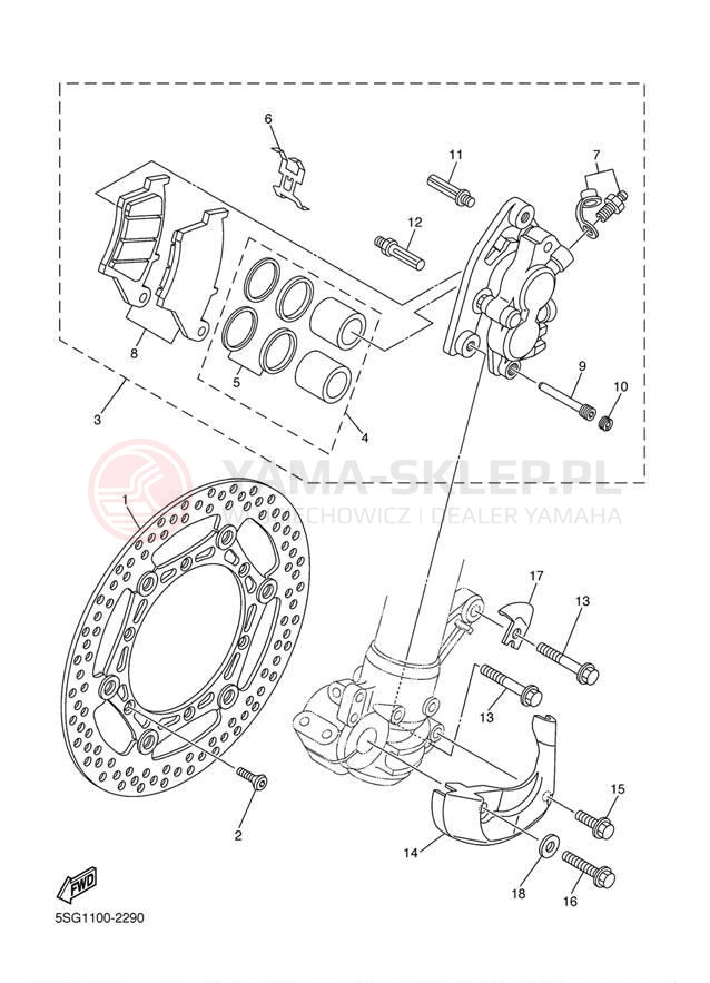 Schemat "Zacisk hamulcowy + tarcza przód" do Yamaha WR250F WR250FP