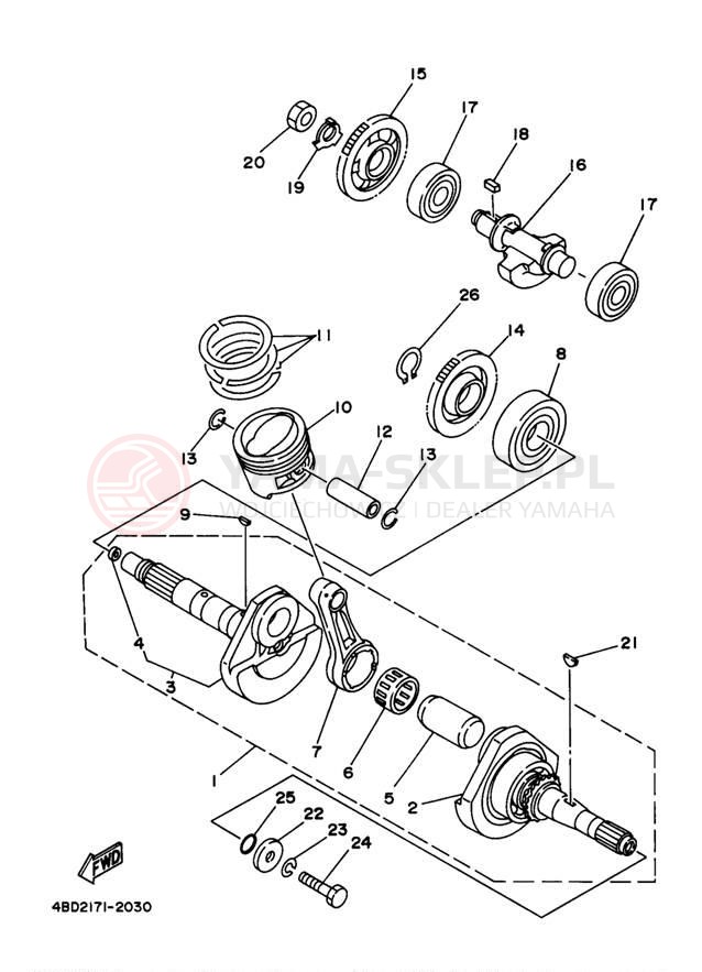 Schemat "Wał korbowy, tłok" do Yamaha TIMBERWOLF 4WD YFB250FWJ