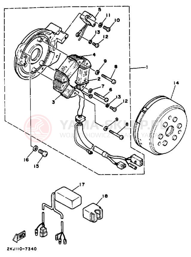 Schemat "prądnica" do Yamaha XT350A/XT350AC