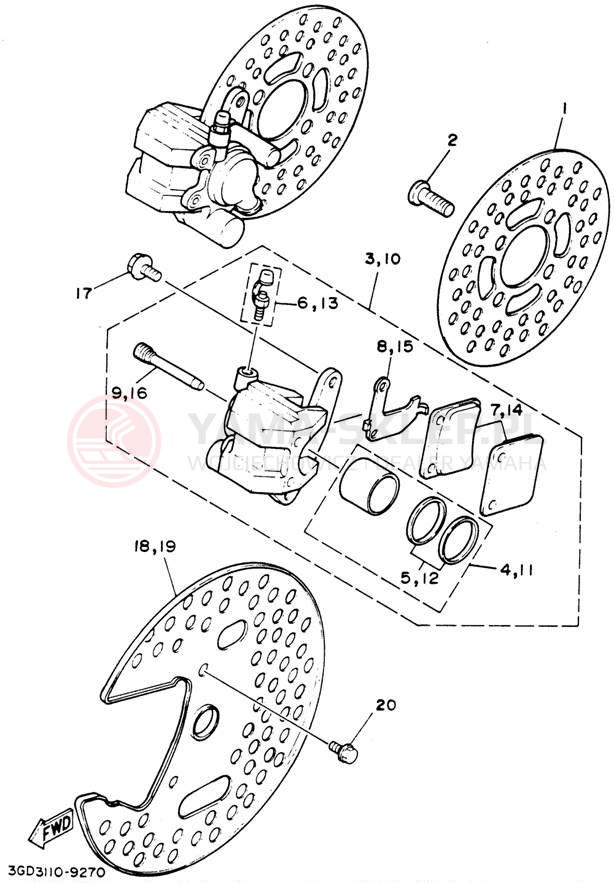 Schemat "Zacisk hamulcowy + tarcza przód" do Yamaha BANSHEE YFZ350F