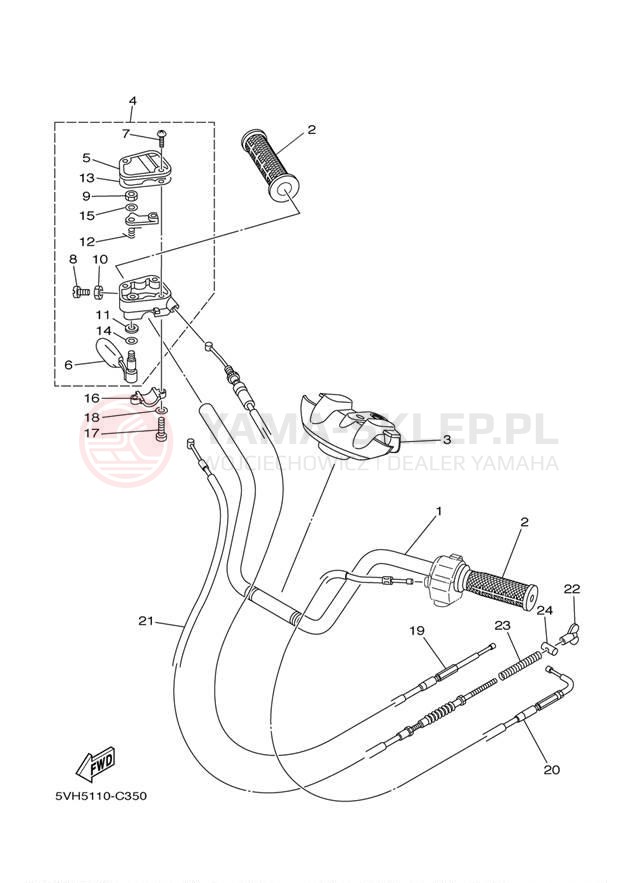Schemat "Kierownica i osprzęt" do Yamaha WOLVERINE 350 2WD YFM35XV