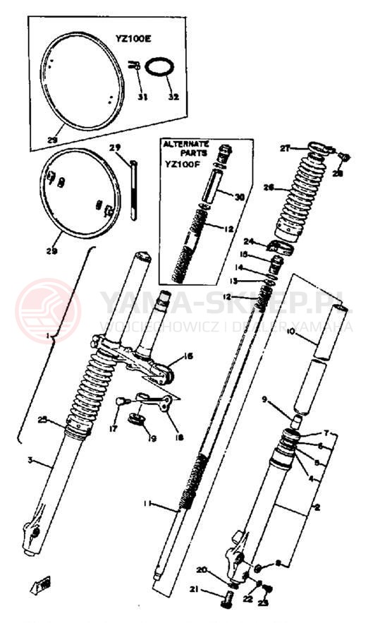 Schemat "Amortyzatory przód" do Yamaha YZ100E