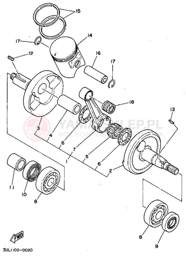 Schemat "Wał korbowy, tłok" do Yamaha RT100G