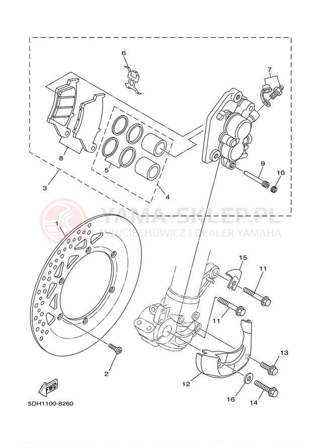 Schemat "Zacisk hamulcowy + tarcza przód" do Yamaha YZ250 YZ250M1