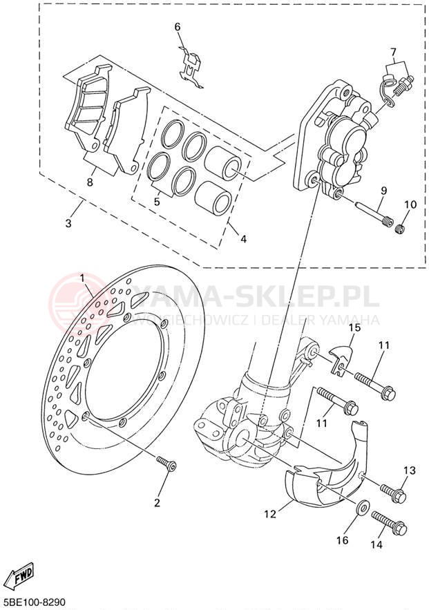 Schemat "Zacisk hamulcowy + tarcza przód" do Yamaha WR400F WR400FL