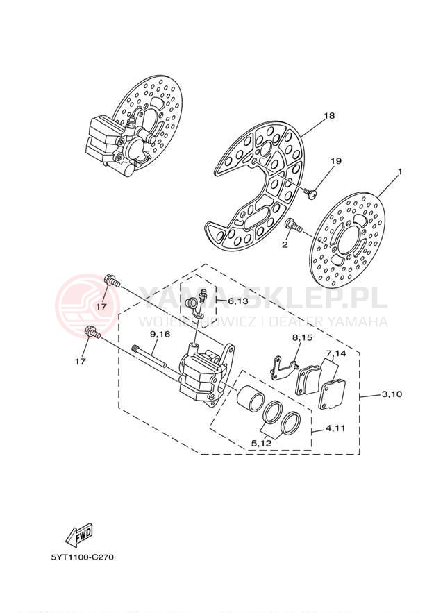 Schemat "Zacisk hamulcowy + tarcza przód" do Yamaha RAPTOR 350 YFM35RZW