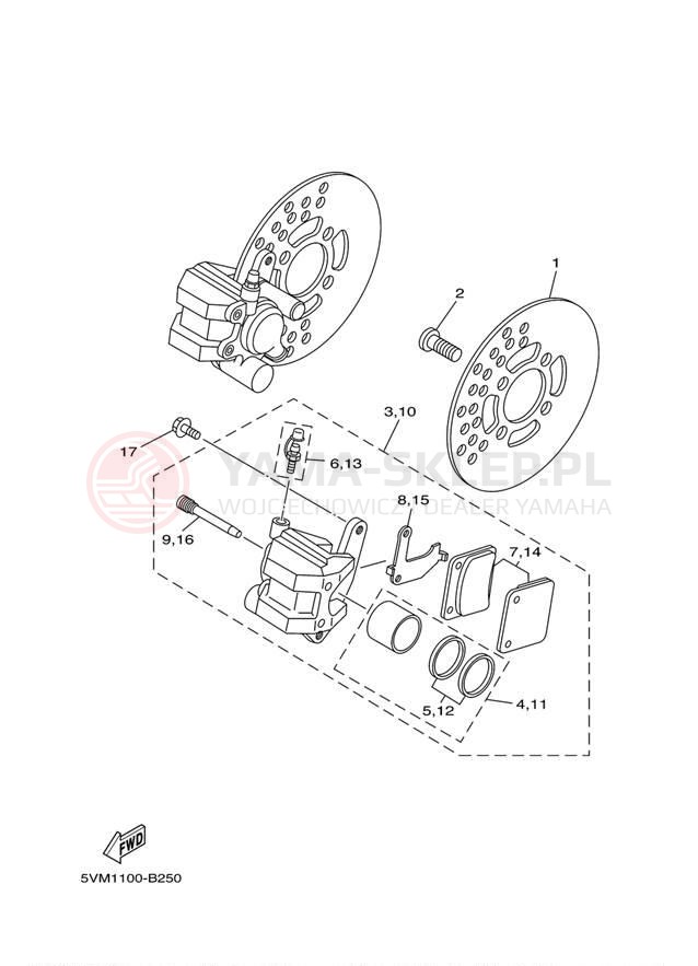 Schemat "Zacisk hamulcowy + tarcza przód" do Yamaha BLASTER YFS200V