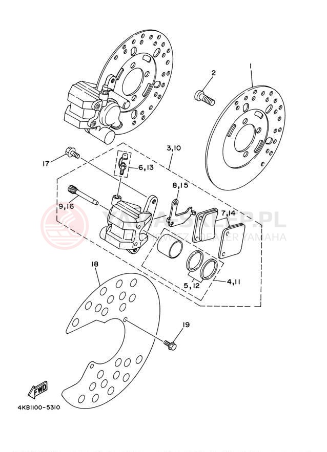Schemat "Zacisk hamulcowy + tarcza przód" do Yamaha WOLVERINE YFM350FXM/YFM350FXMC