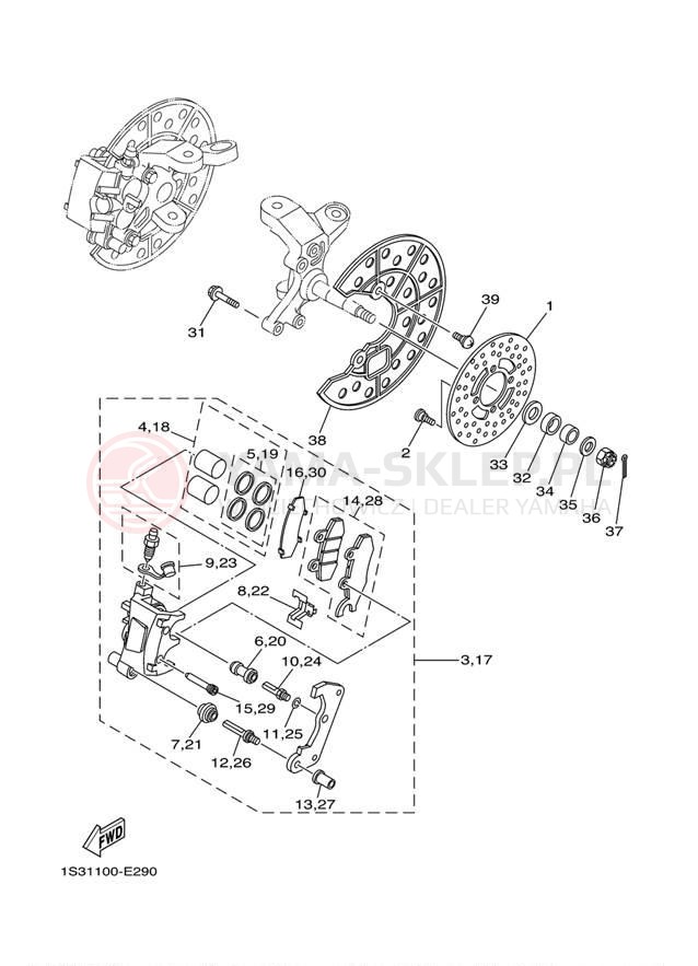 Schemat "Zacisk hamulcowy + tarcza przód" do Yamaha RAPTOR 700 SE YFM7RSEZ