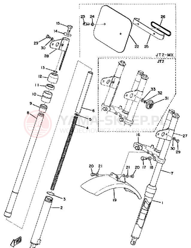 Schemat "Amortyzatory przód, błotnik" do Yamaha JT2/JT2MX