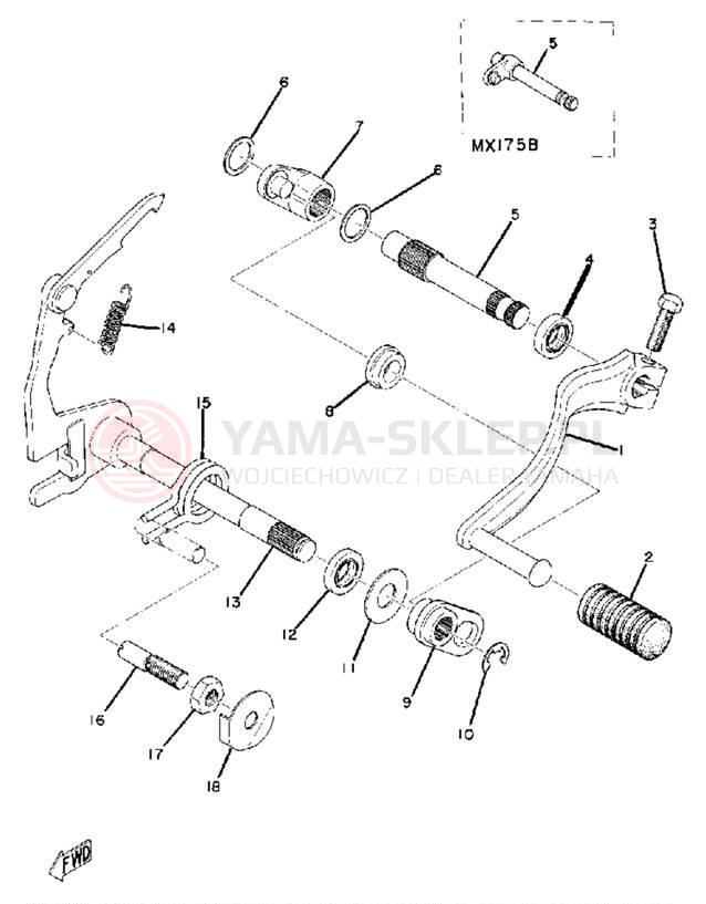 Schemat "Dźwignia zmiany biegów, wałek" do Yamaha MX175A