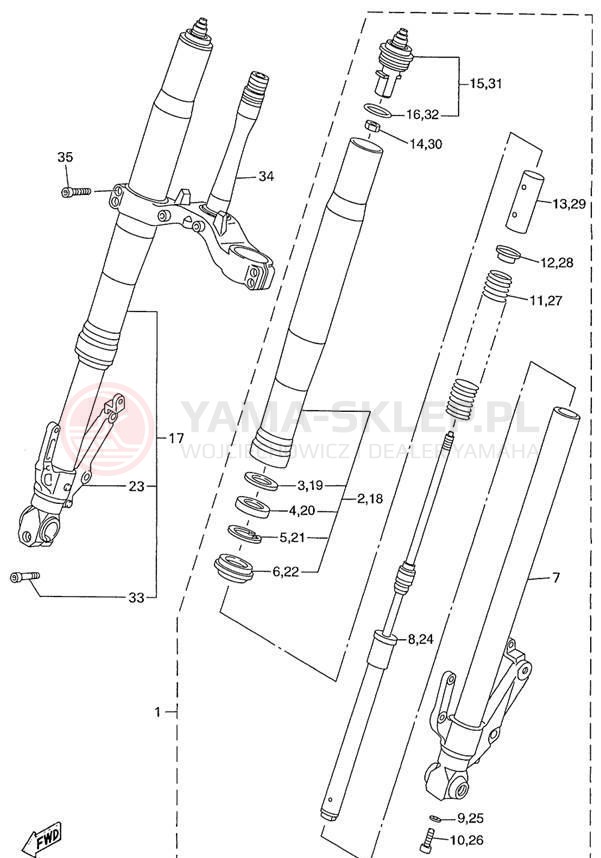 Schemat "Amortyzatory przód" do Yamaha R1 YZFR1L/YZFR1LC