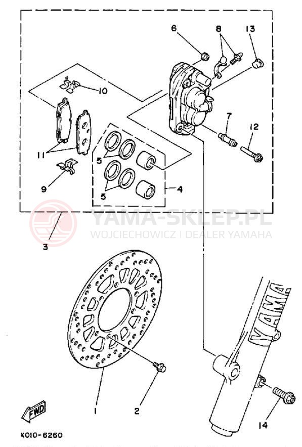 Schemat "Zacisk hamulcowy + tarcza przód" do Yamaha YZ125U