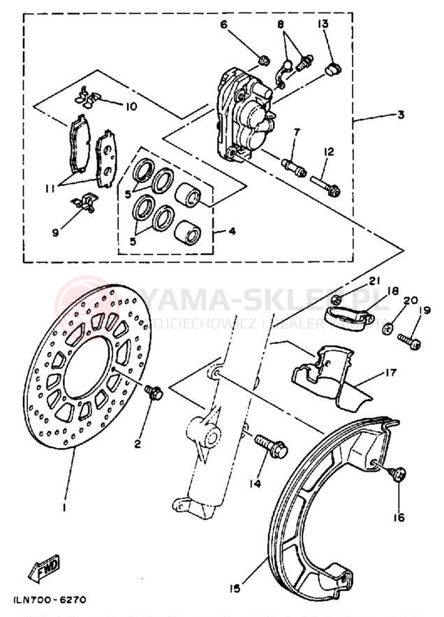Schemat "Zacisk hamulcowy + tarcza przód" do Yamaha TT350T
