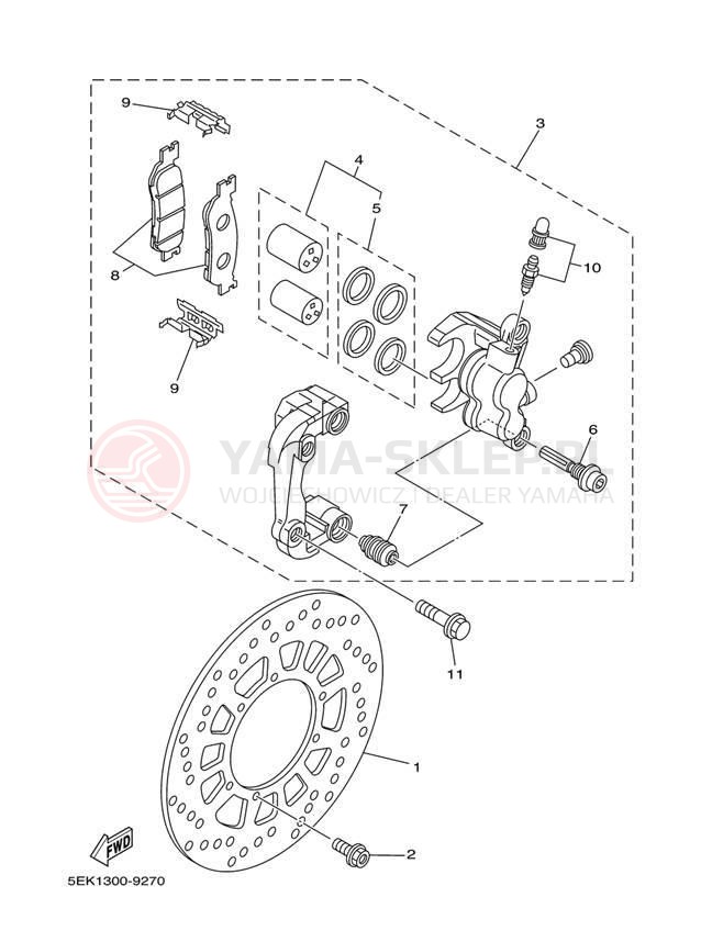 Schemat "Zacisk hamulcowy + tarcza przód" do Yamaha TW200 TW200S/TW200SC