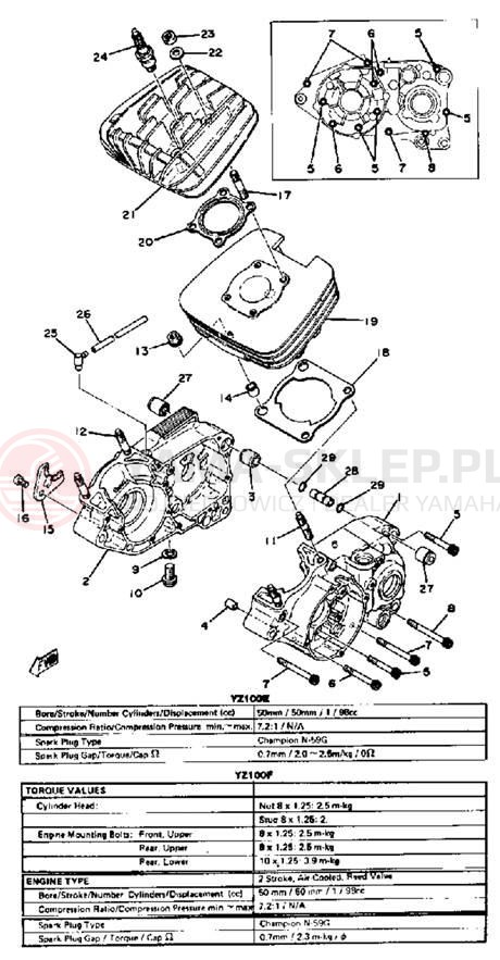 Schemat "cylinder, obudowa silnika" do Yamaha YZ100E