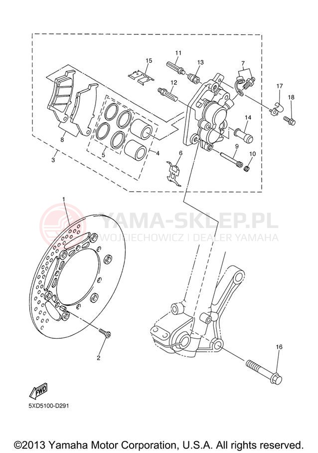 Schemat "Zacisk hamulcowy + tarcza przód" do Yamaha WR450F WR450FV