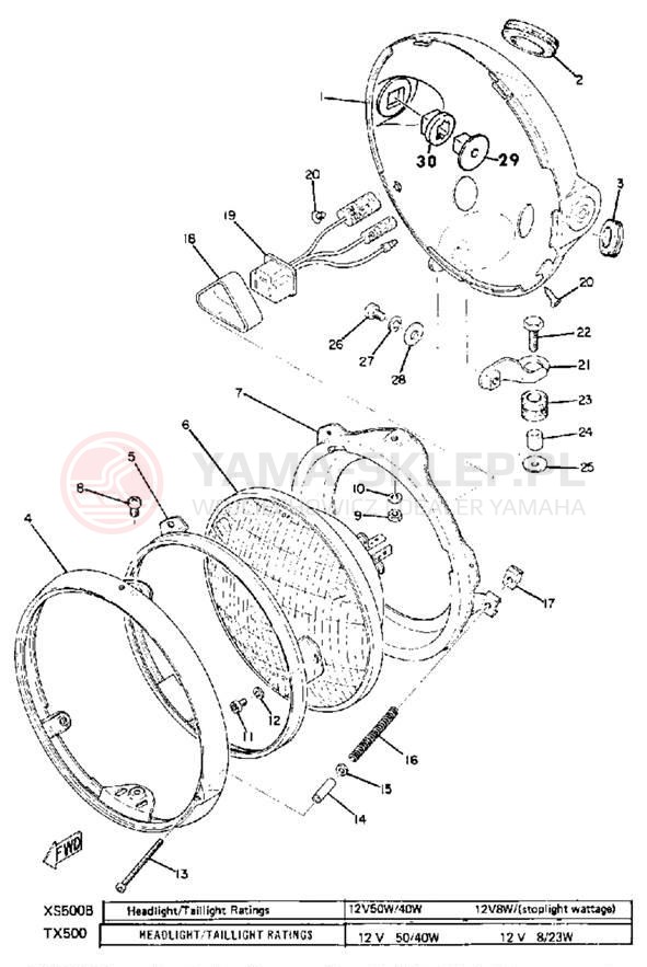 Schemat "Lampa przód" do Yamaha XS500B
