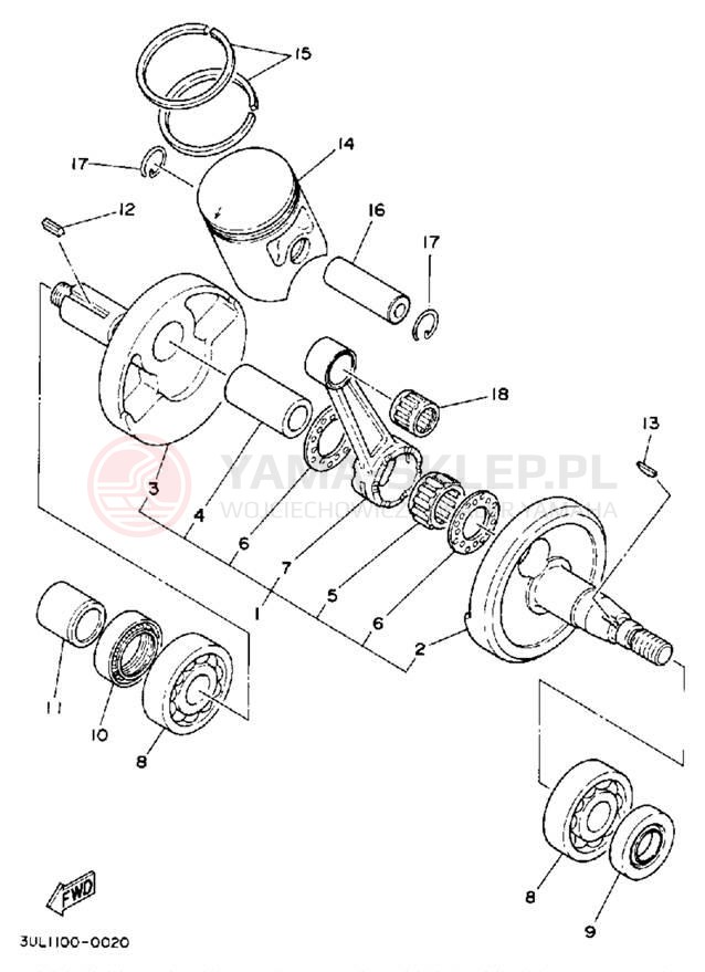 Schemat "Wał korbowy, tłok" do Yamaha RT100E