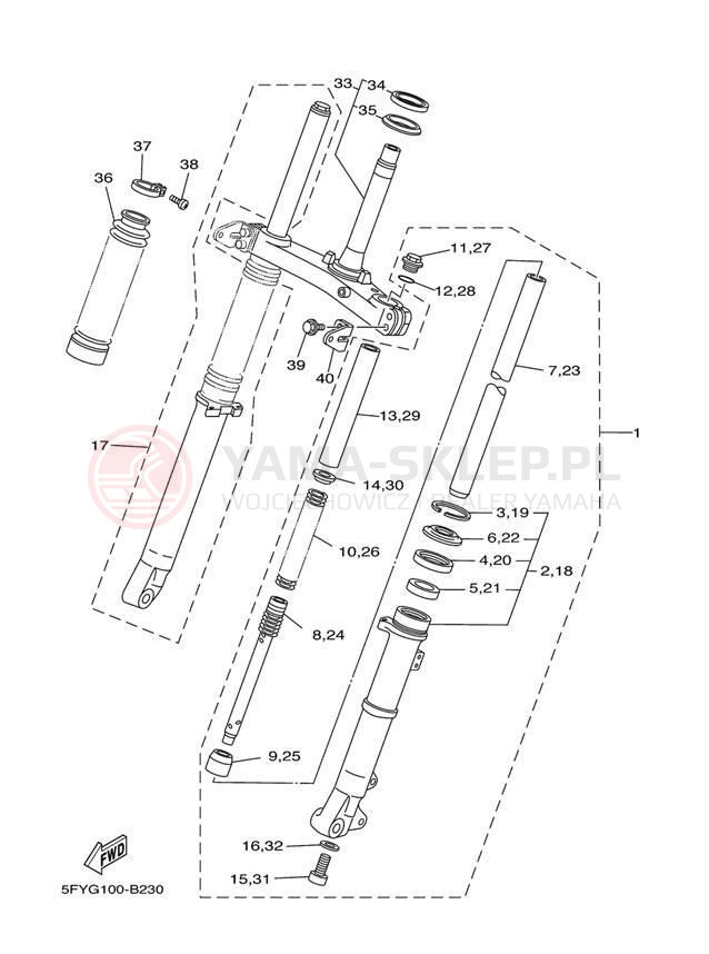 Schemat "Amortyzatory przód" do Yamaha TW200 TW200S/TW200SC