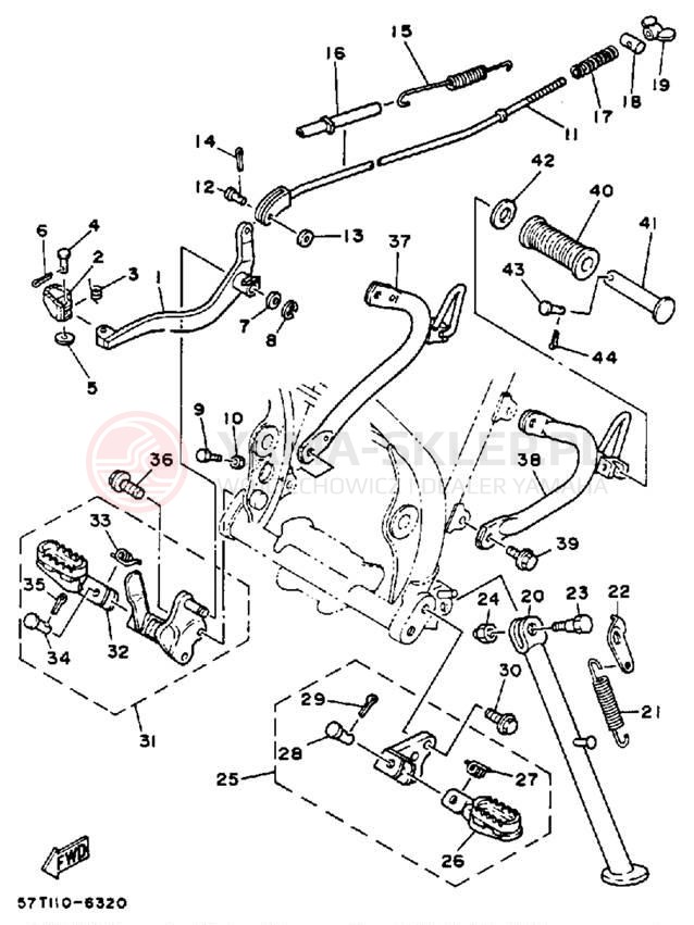 Schemat "Stopka postojowa i podnóżki" do Yamaha XT350A/XT350AC