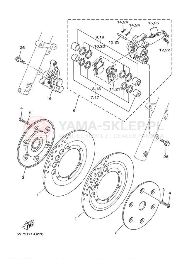 Schemat "Zacisk hamulcowy + tarcza przód" do Yamaha ROAD STAR SPOKE XV17AV/XV17AVC